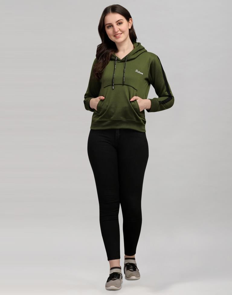 Dark Olive Green Coloured Cotton Fleece Blend Plain Hoodie | Sudathi