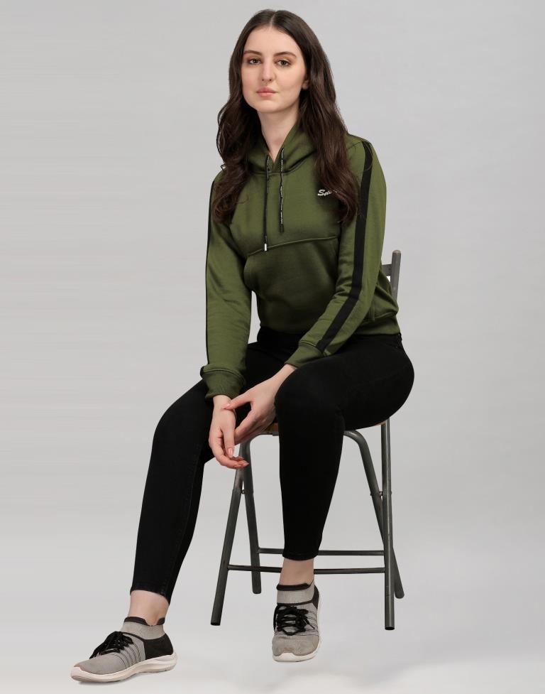 Dark Olive Green Coloured Cotton Fleece Blend Plain Hoodie | Sudathi