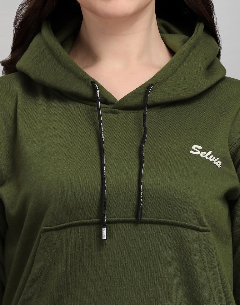 Dark Olive Green Coloured Cotton Fleece Blend Plain Hoodie | Sudathi