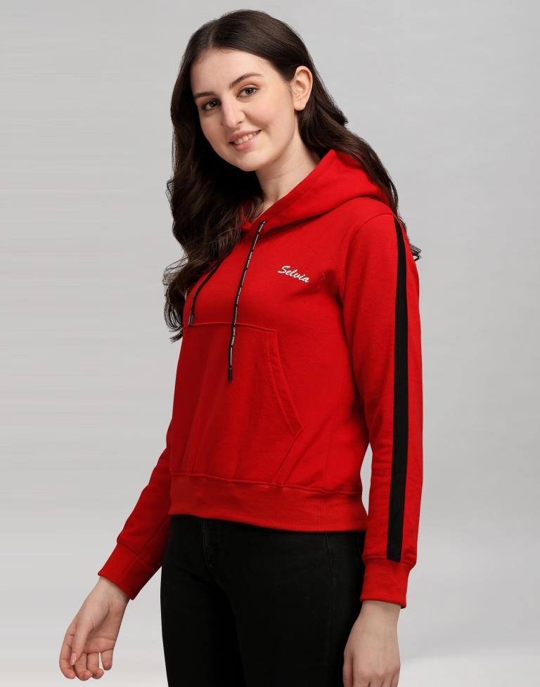 Red Coloured Cotton Fleece Blend Plain Hoodie | Sudathi