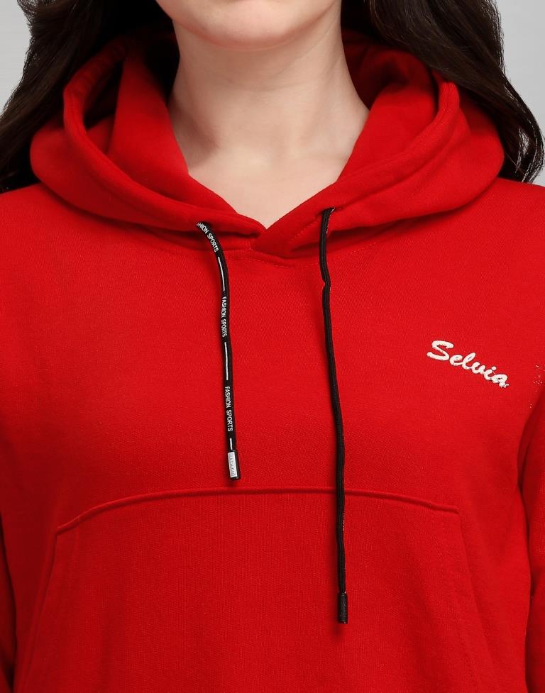 Red Coloured Cotton Fleece Blend Plain Hoodie | Sudathi