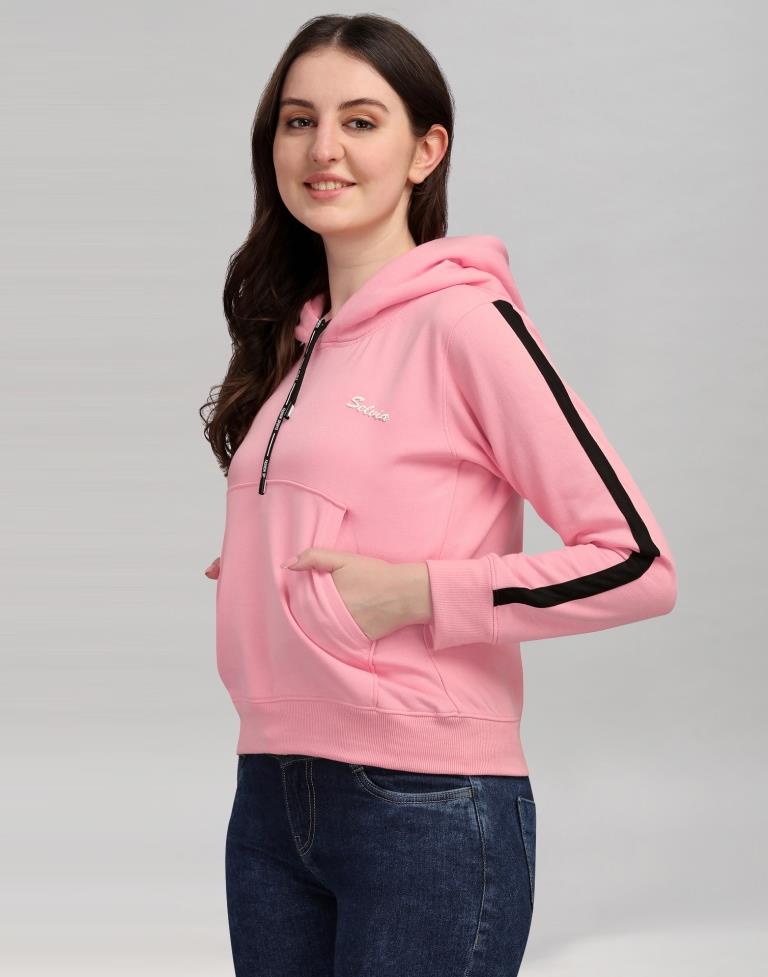 Light Pink Coloured Cotton Fleece Blend Plain Hoodie | Sudathi