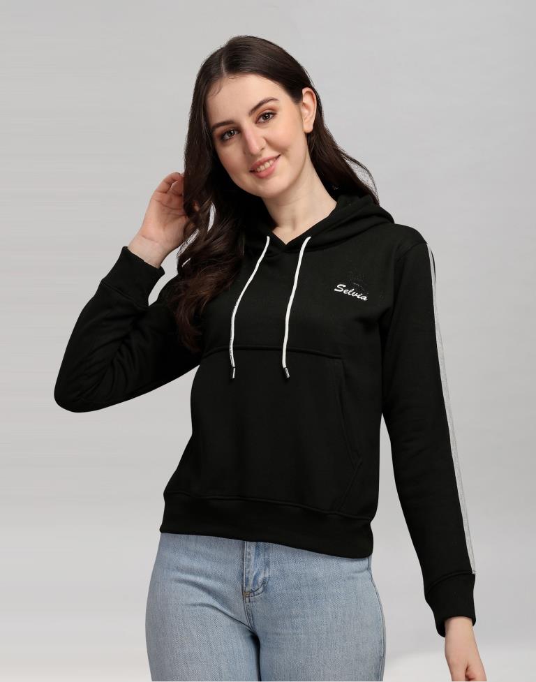 Black Coloured Cotton Fleece Blend Plain Hoodie | Sudathi