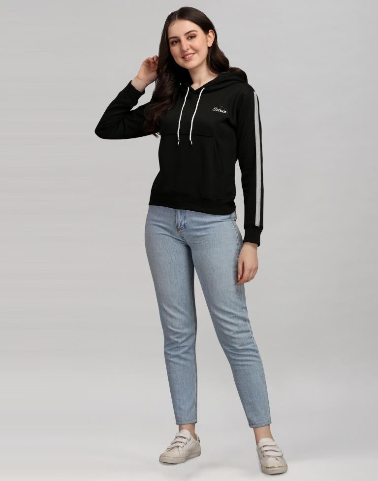 Black Coloured Cotton Fleece Blend Plain Hoodie | Sudathi