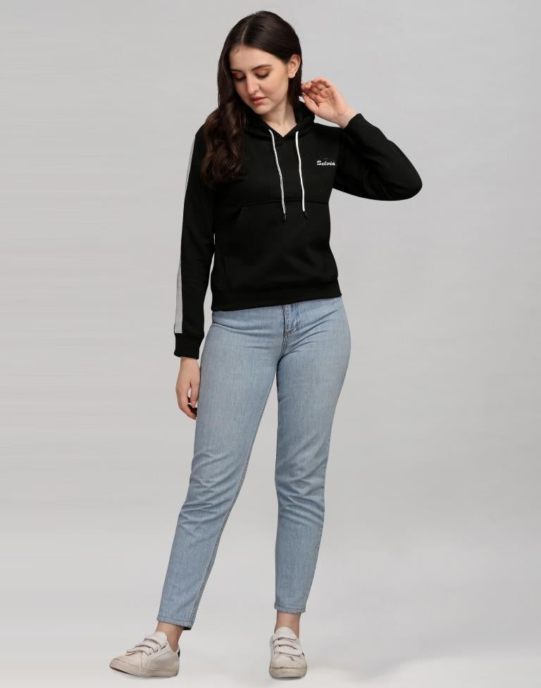 Black Coloured Cotton Fleece Blend Plain Hoodie | Sudathi