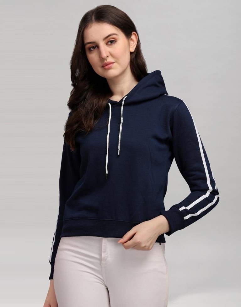 Navy Blue Coloured Cotton Fleece Blend Plain Hoodie | Sudathi