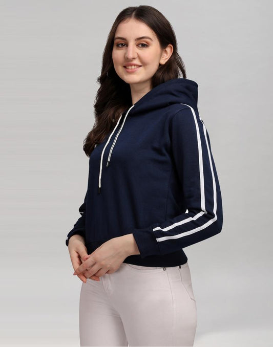 Navy Blue Coloured Cotton Fleece Blend Plain Hoodie | Sudathi