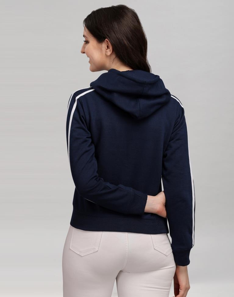 Navy Blue Coloured Cotton Fleece Blend Plain Hoodie | Sudathi