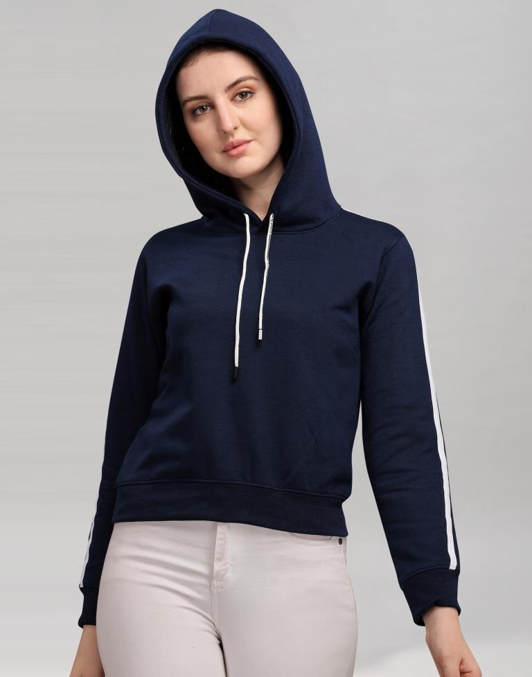 Navy Blue Coloured Cotton Fleece Blend Plain Hoodie | Sudathi