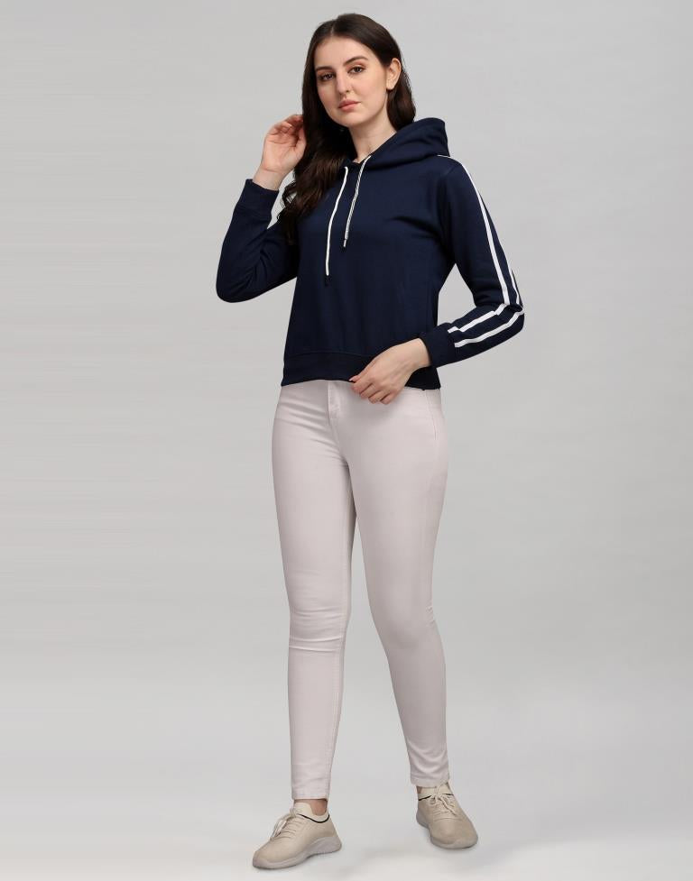 Navy Blue Coloured Cotton Fleece Blend Plain Hoodie | Sudathi