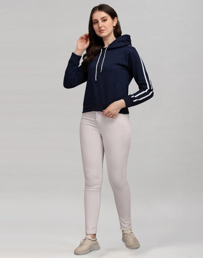 Navy Blue Coloured Cotton Fleece Blend Plain Hoodie | Sudathi