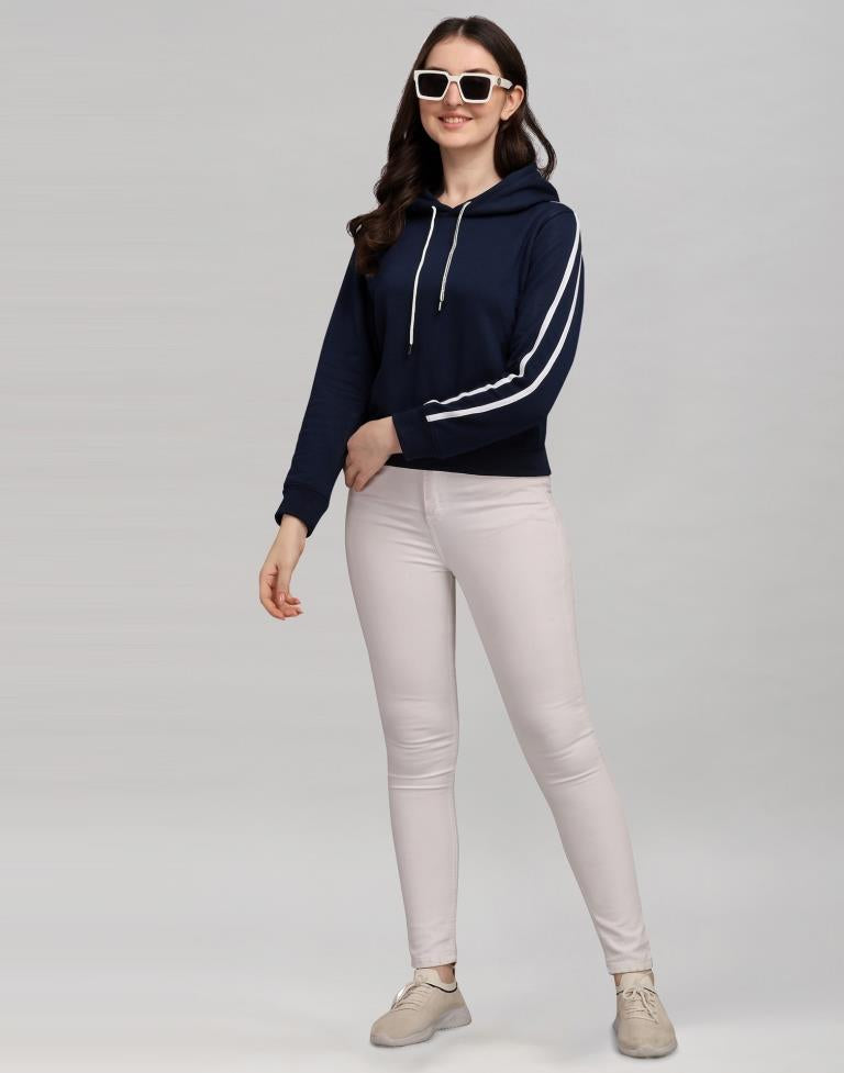 Navy Blue Coloured Cotton Fleece Blend Plain Hoodie | Sudathi