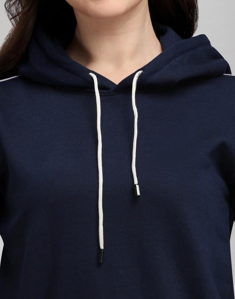 Navy Blue Coloured Cotton Fleece Blend Plain Hoodie | Sudathi
