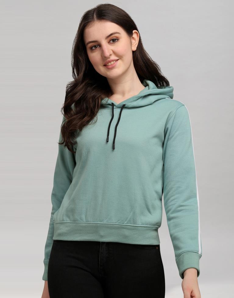 Dusty Green Coloured Cotton Fleece Blend Plain Hoodie | Sudathi