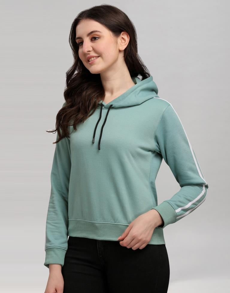 Dusty Green Coloured Cotton Fleece Blend Plain Hoodie | Sudathi