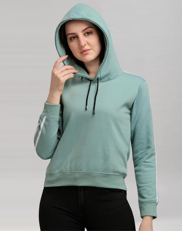 Dusty Green Coloured Cotton Fleece Blend Plain Hoodie | Sudathi