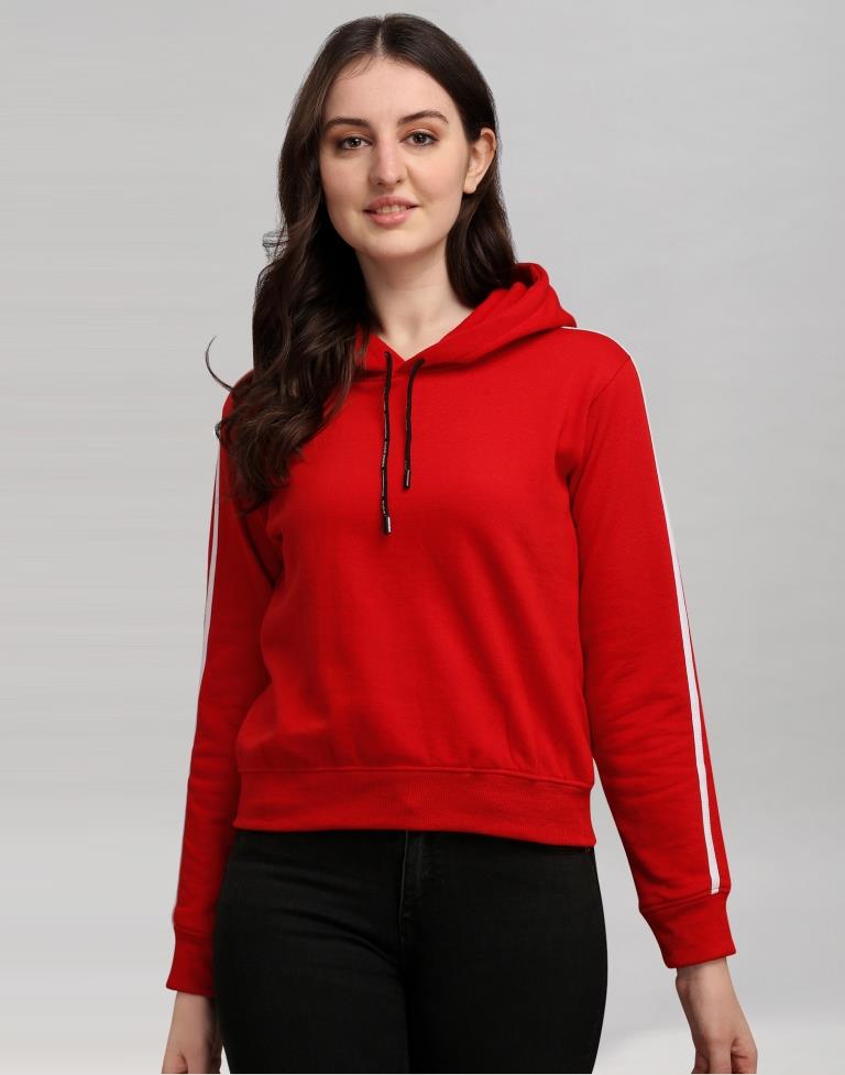 Red Coloured Cotton Fleece Blend Plain Hoodie | Sudathi