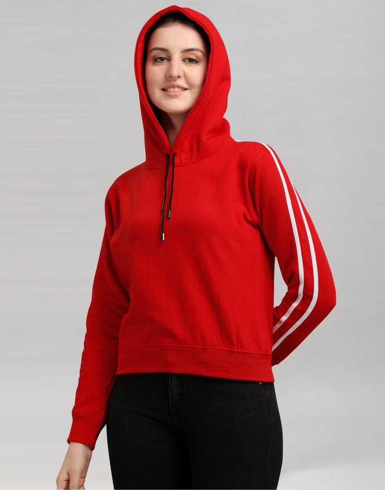 Red Coloured Cotton Fleece Blend Plain Hoodie | Sudathi