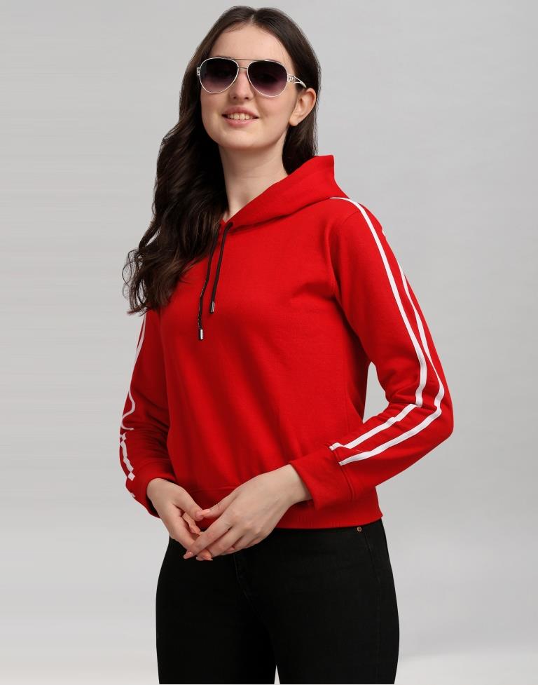 Red Coloured Cotton Fleece Blend Plain Hoodie | Sudathi