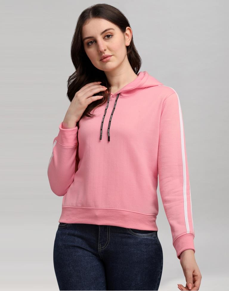 Light Pink Coloured Cotton Fleece Blend Plain Hoodie | Sudathi