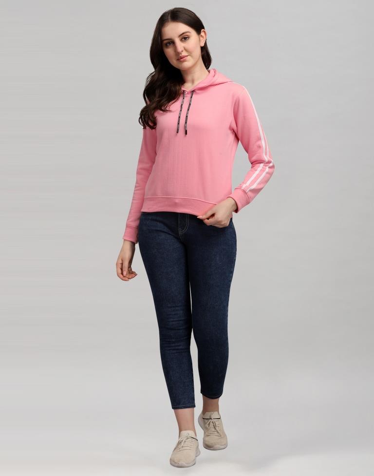 Light Pink Coloured Cotton Fleece Blend Plain Hoodie | Sudathi