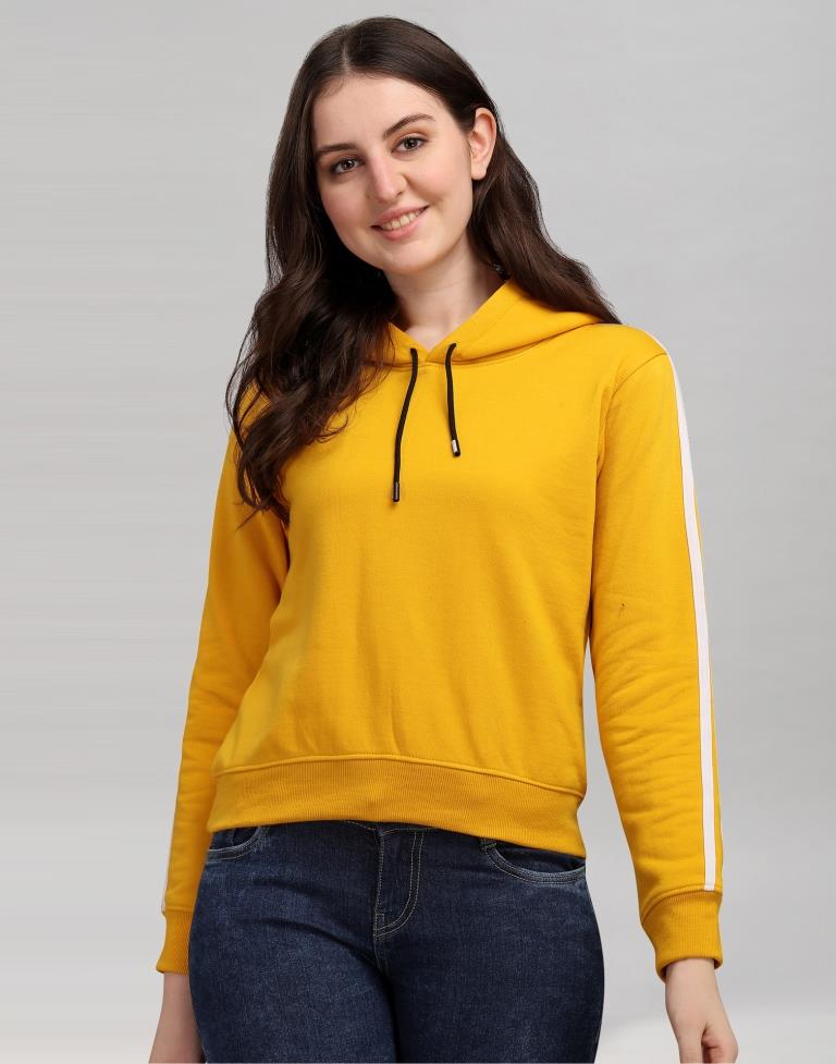 Turmeric Yellow Coloured Cotton Fleece Blend Plain Hoodie | Sudathi