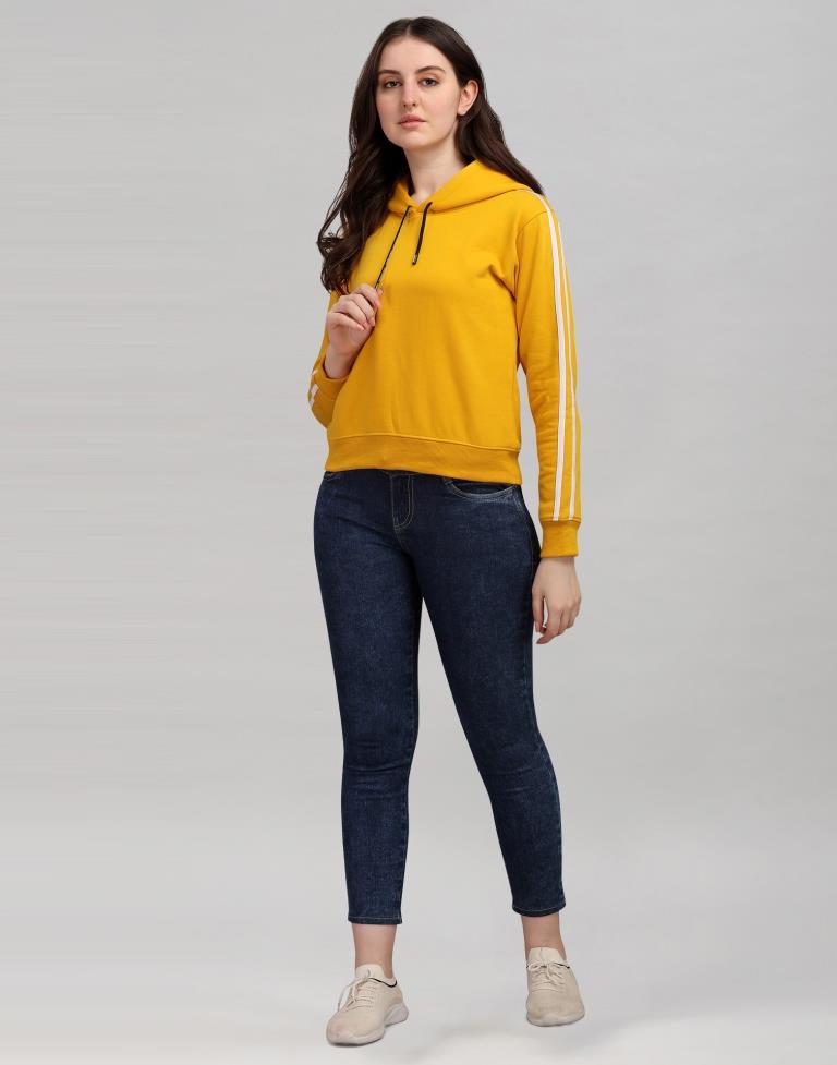 Turmeric Yellow Coloured Cotton Fleece Blend Plain Hoodie | Sudathi