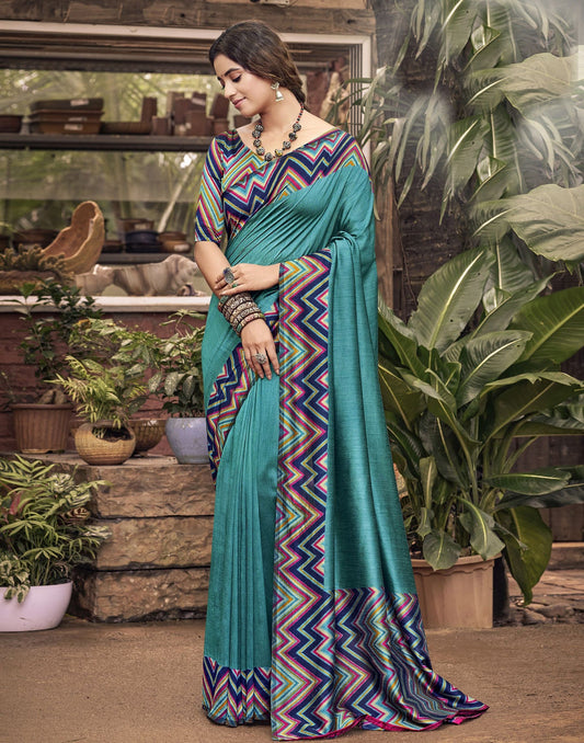 Teal Blue Printed Saree | Sudathi
