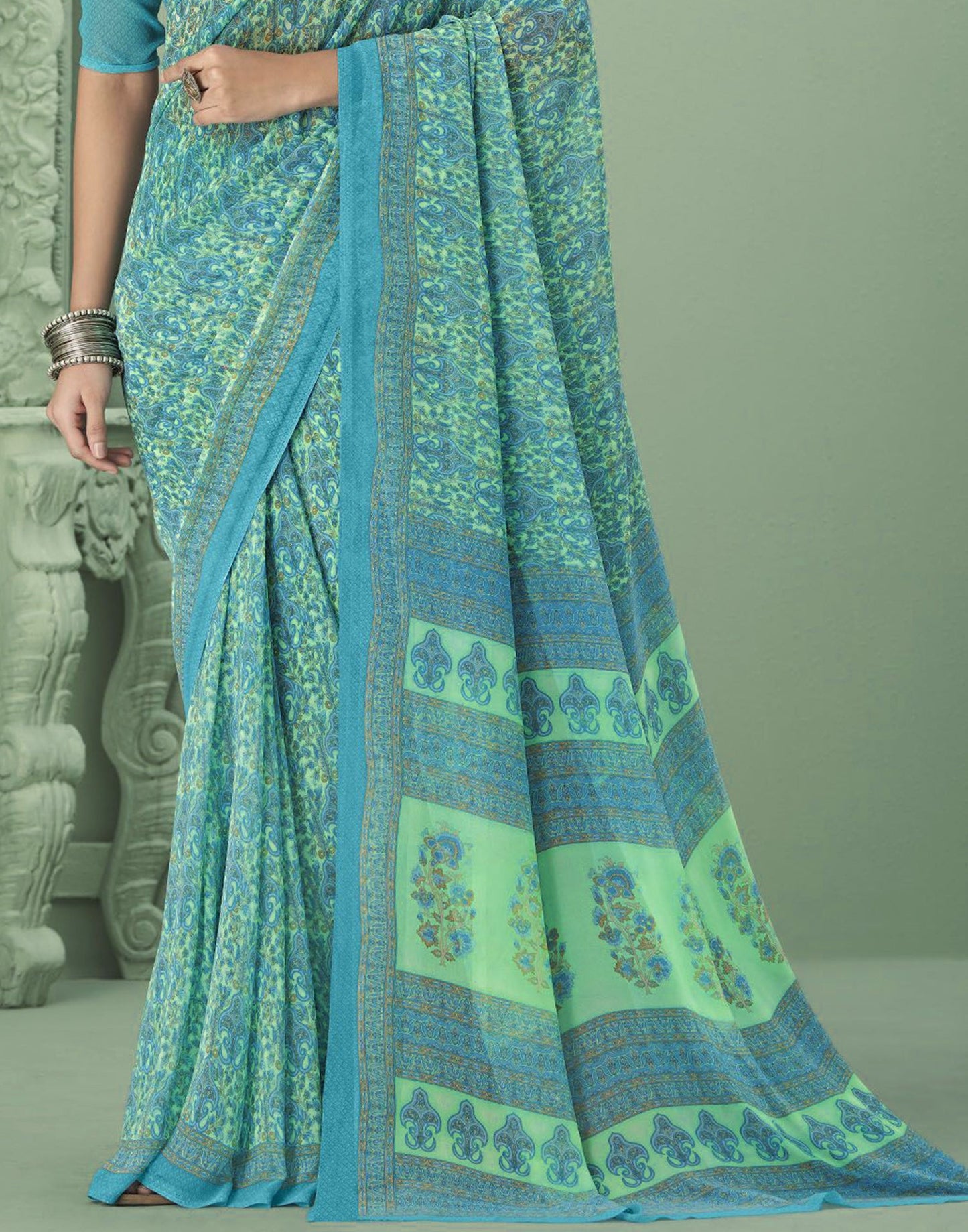 Turquoise Blue Georgette Printed Saree