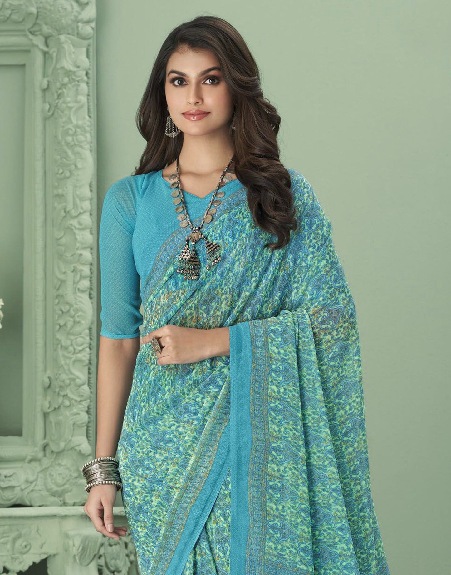Turquoise Blue Georgette Printed Saree