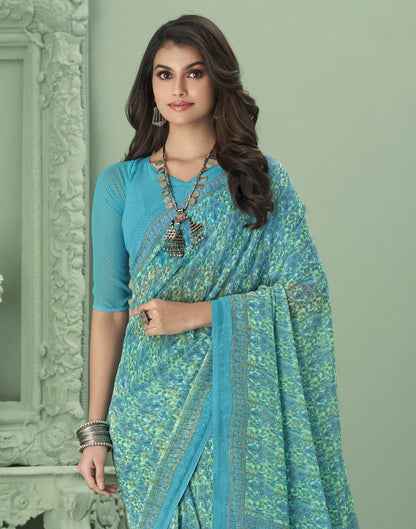 Turquoise Blue Georgette Printed Saree