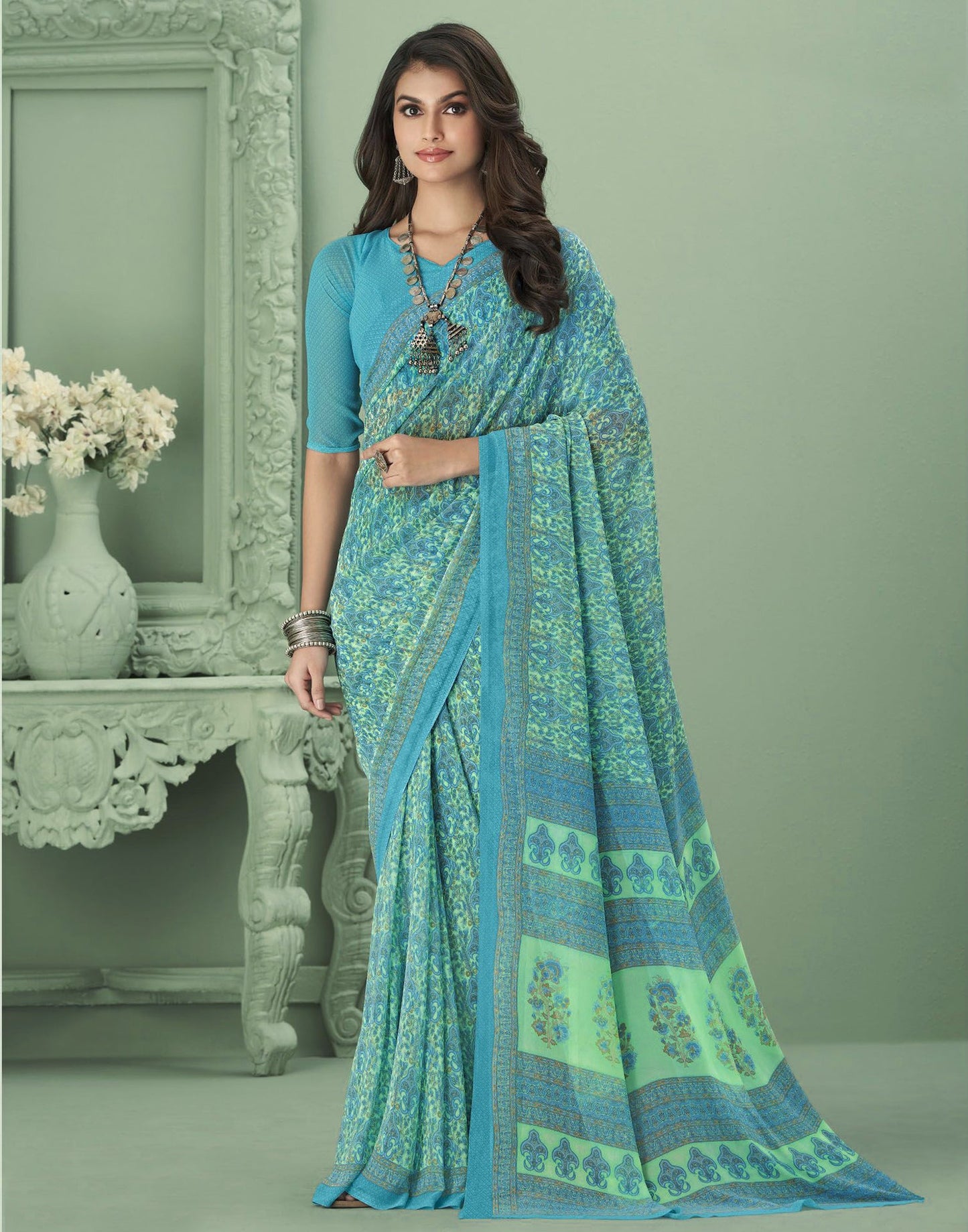 Turquoise Blue Georgette Printed Saree