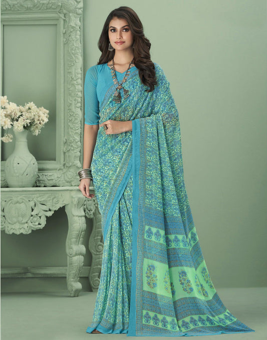 Turquoise Blue Georgette Printed Saree