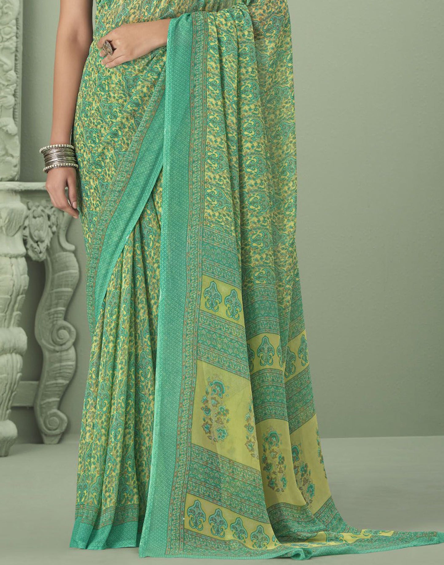 Green Georgette Printed Saree