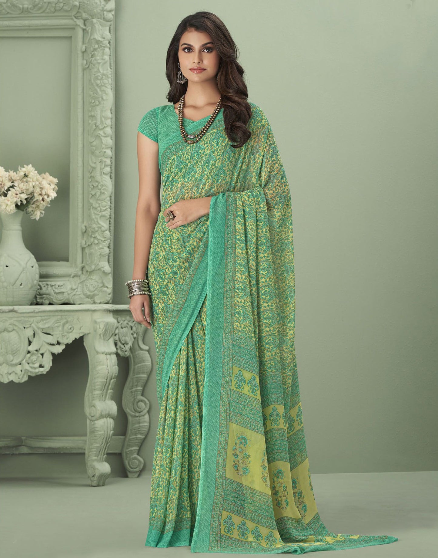 Green Georgette Printed Saree
