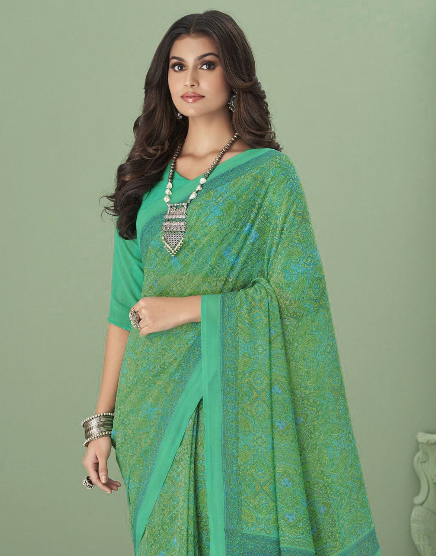 Green Georgette Printed Saree