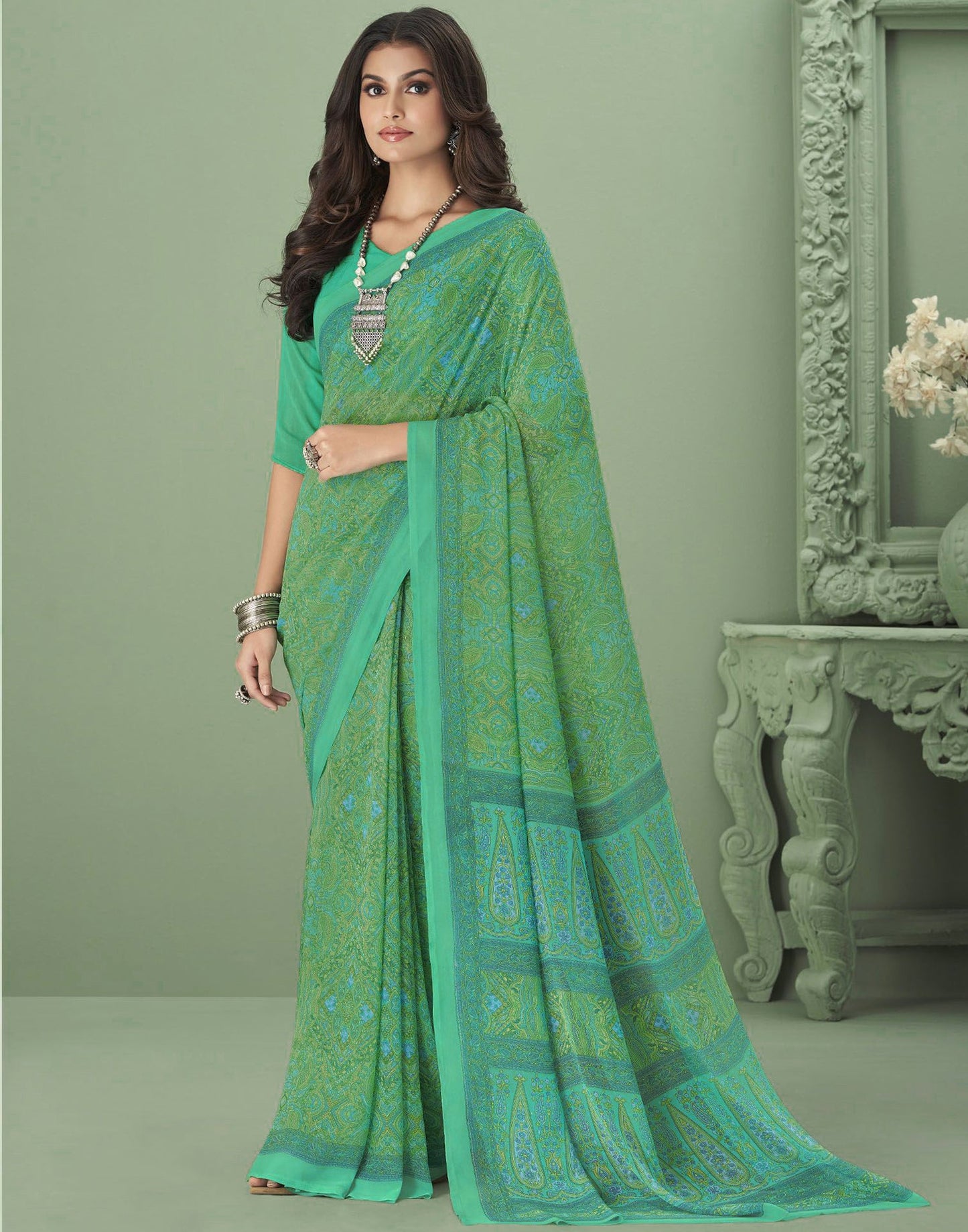 Green Georgette Printed Saree
