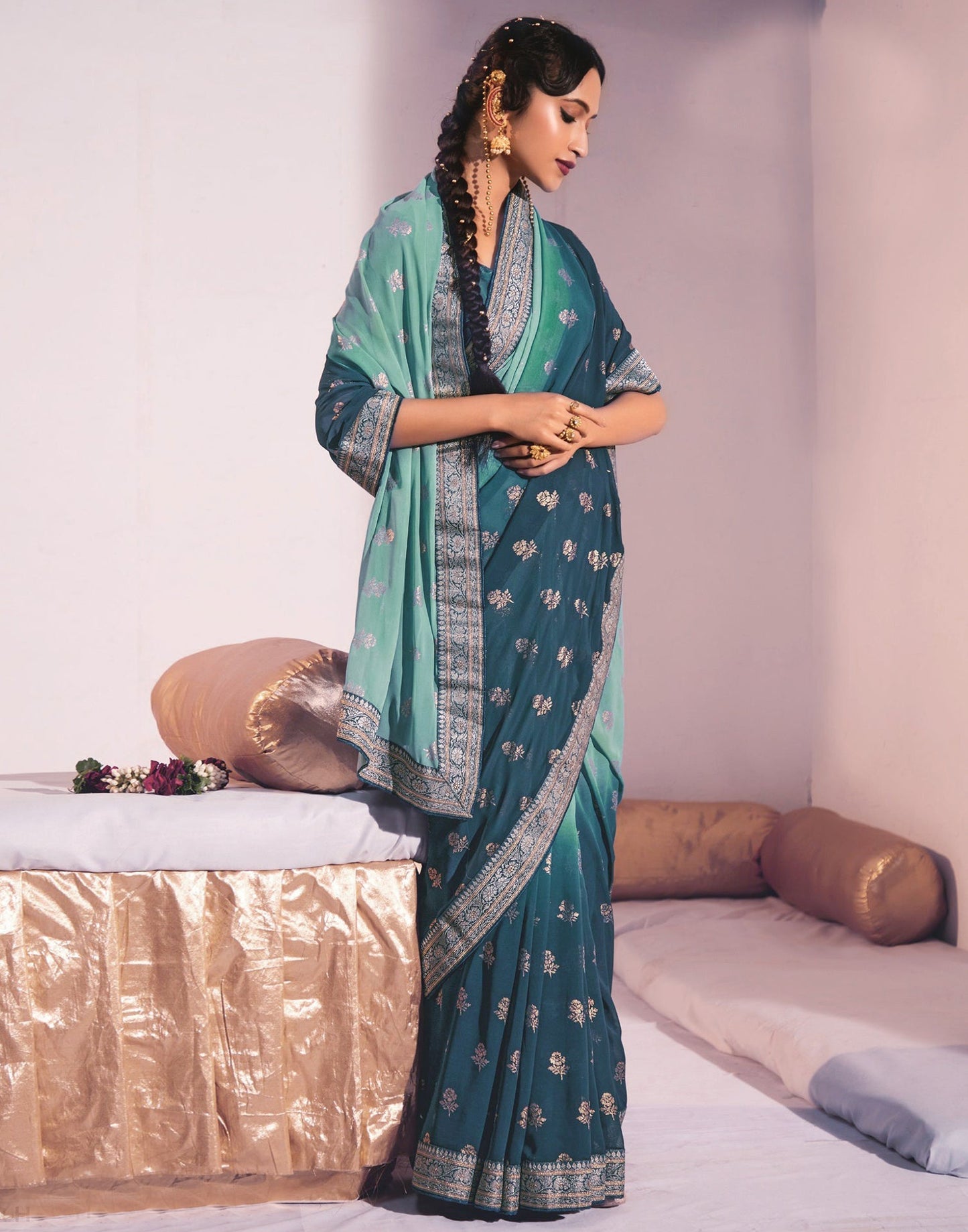 Teal Georgette Saree | Leemboodi