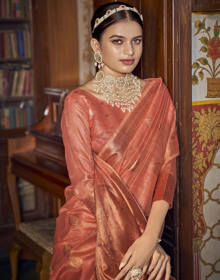 Coral Orange Silk Saree | Leemboodi
