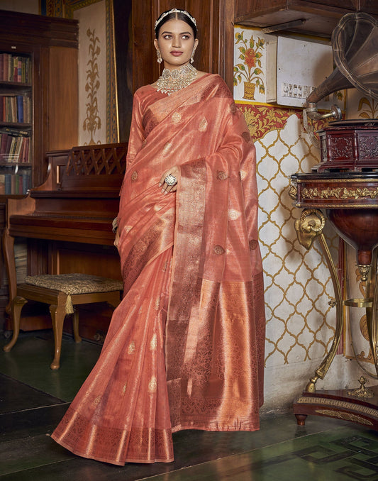 Coral Orange Silk Saree | Leemboodi