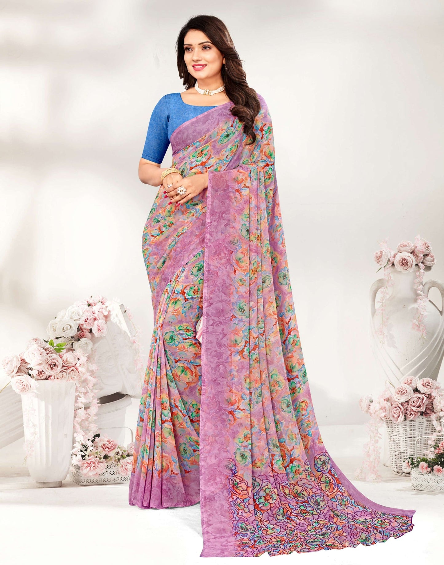 Light Purple Georgette Printed Saree