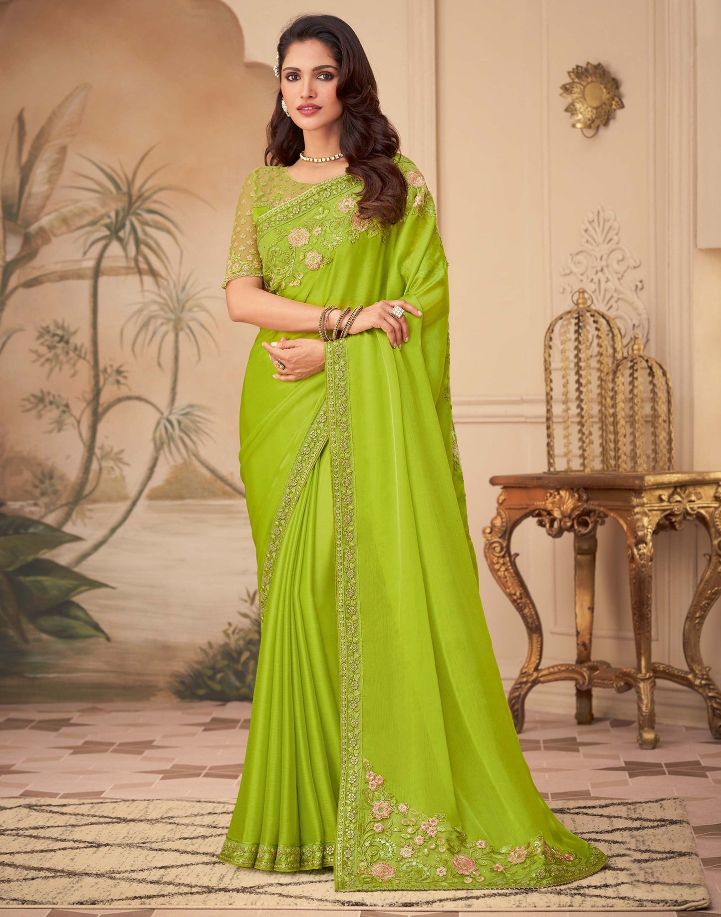 Pear Green Chiffon Saree | Leemboodi