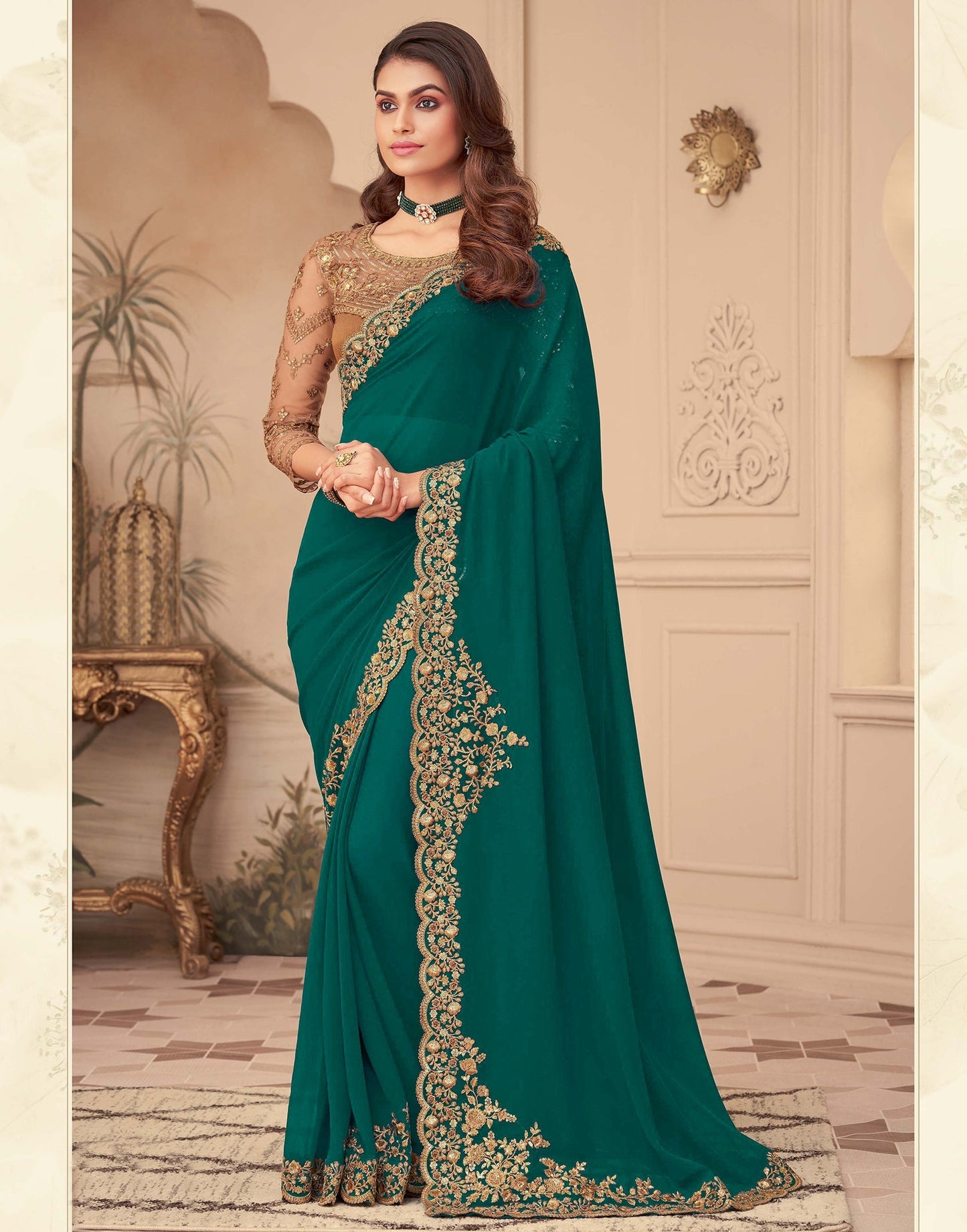 Green Georgette Saree | Leemboodi