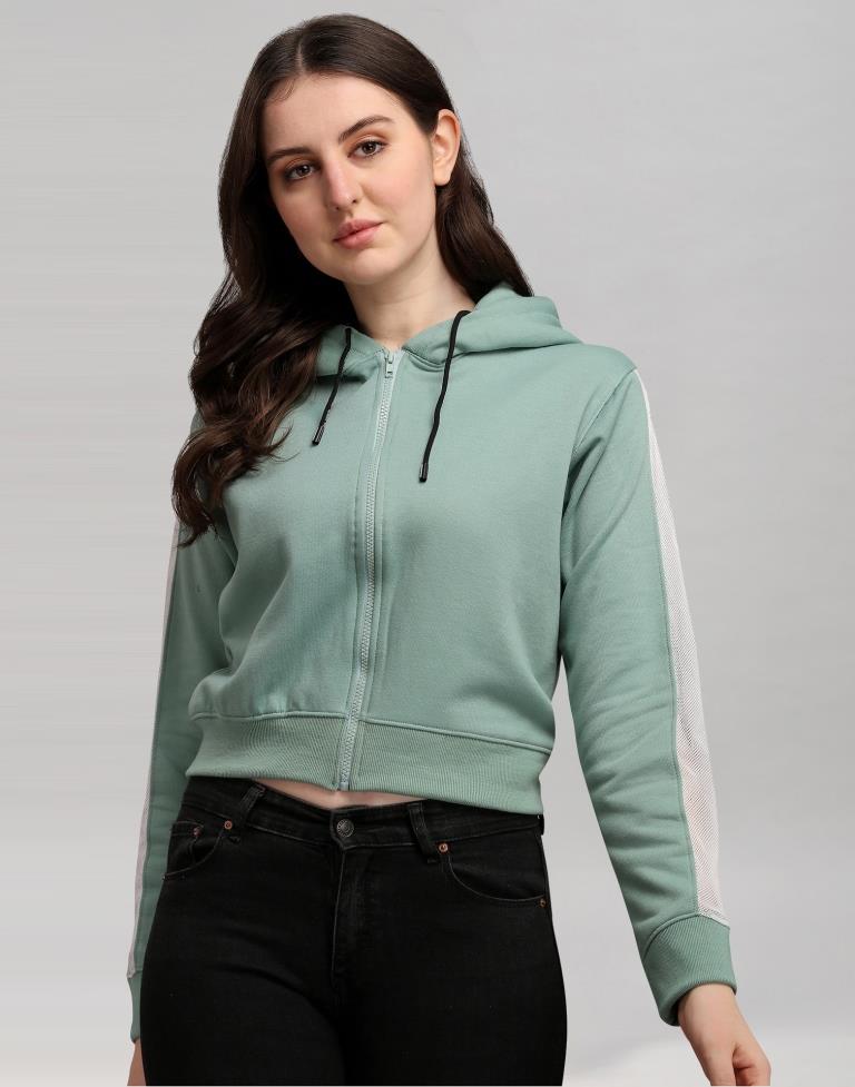 Dusty Green Coloured Cotton Fleece Blend Plain Hoodie | Sudathi