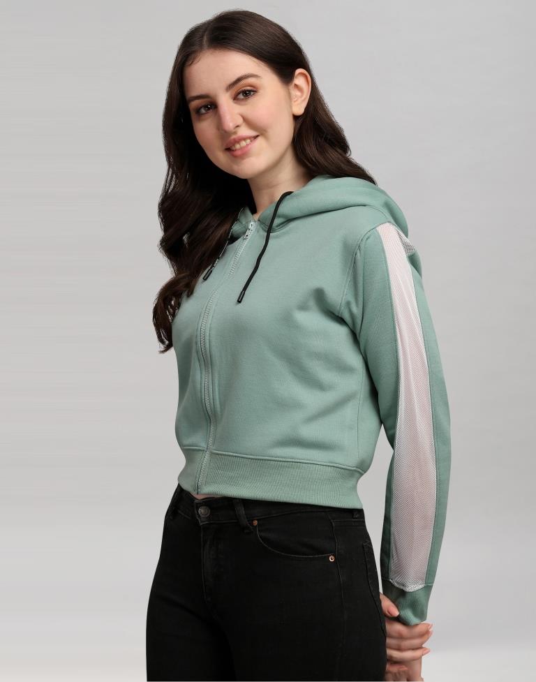 Dusty Green Coloured Cotton Fleece Blend Plain Hoodie | Sudathi