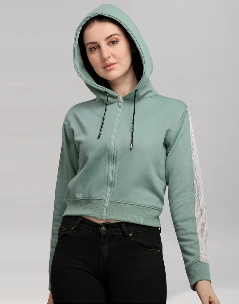 Dusty Green Coloured Cotton Fleece Blend Plain Hoodie | Sudathi