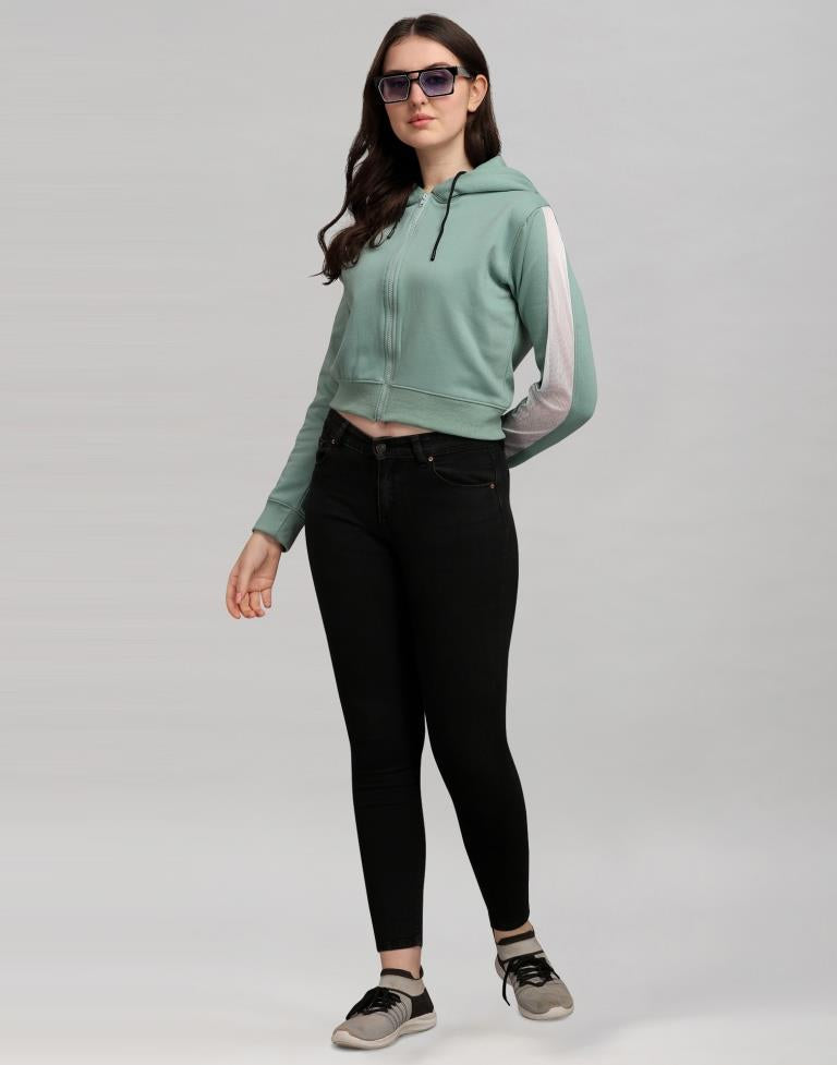 Dusty Green Coloured Cotton Fleece Blend Plain Hoodie | Sudathi