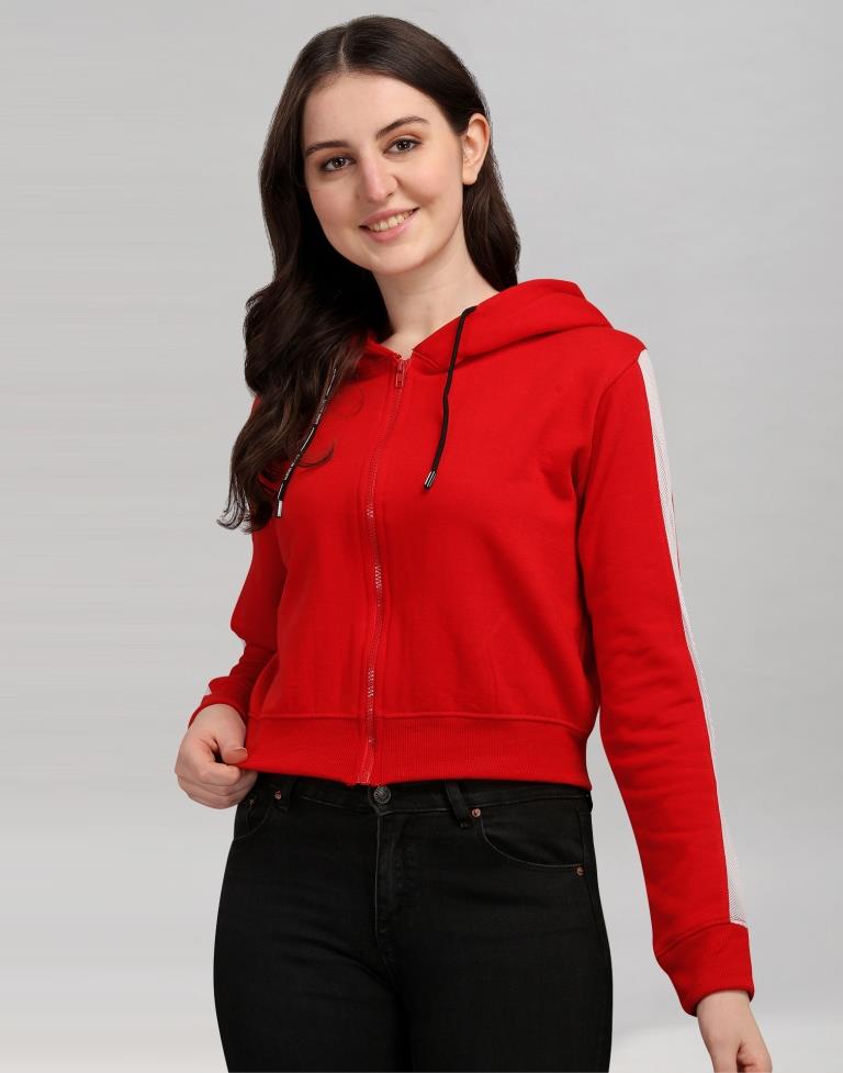 Red Coloured Cotton Fleece Blend Plain Hoodie | Sudathi
