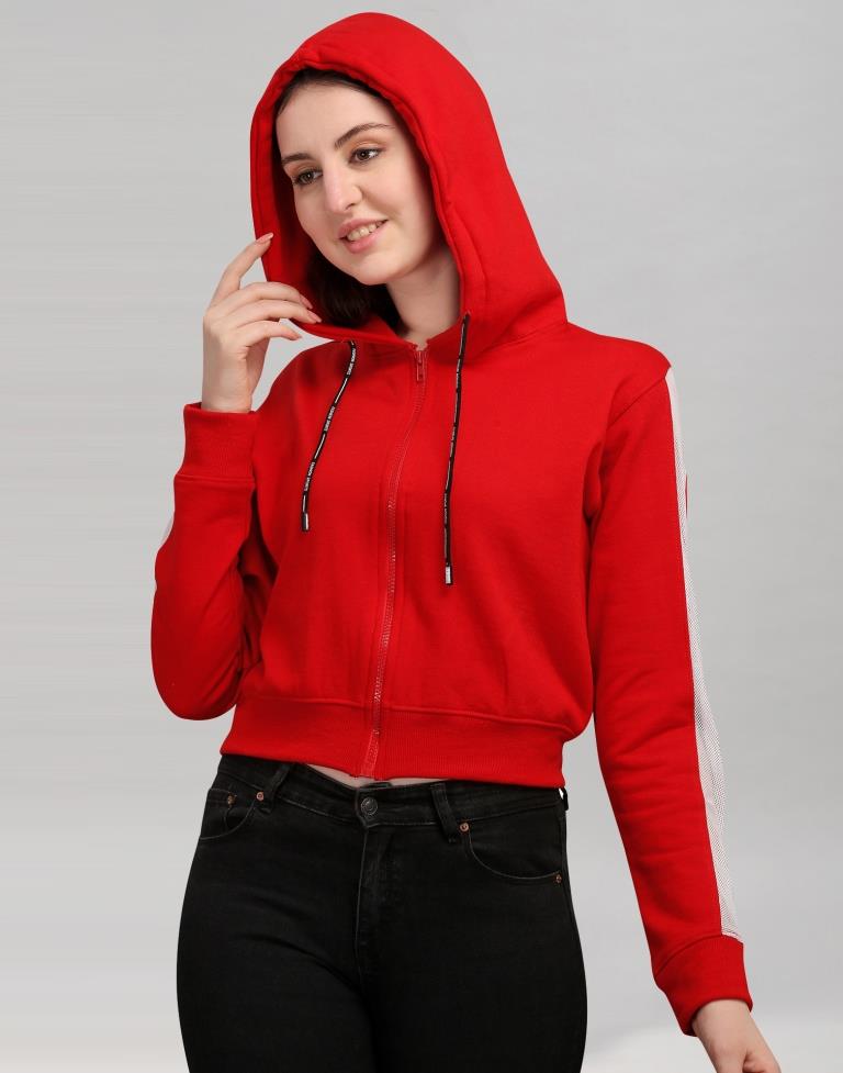 Red Coloured Cotton Fleece Blend Plain Hoodie | Sudathi