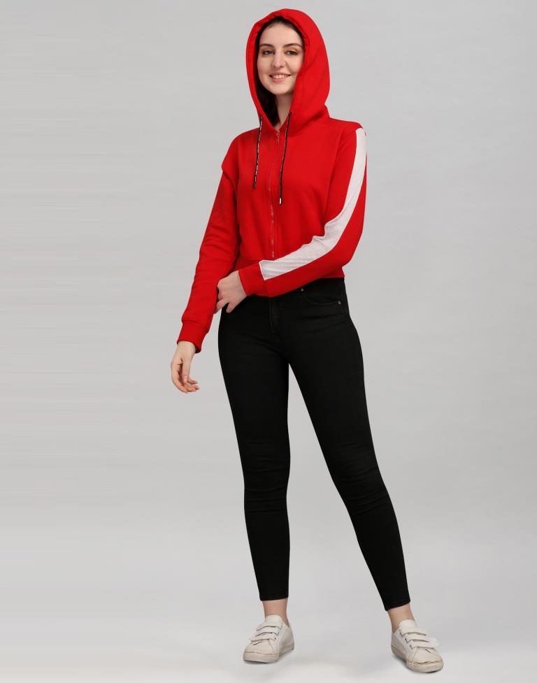 Red Coloured Cotton Fleece Blend Plain Hoodie | Sudathi